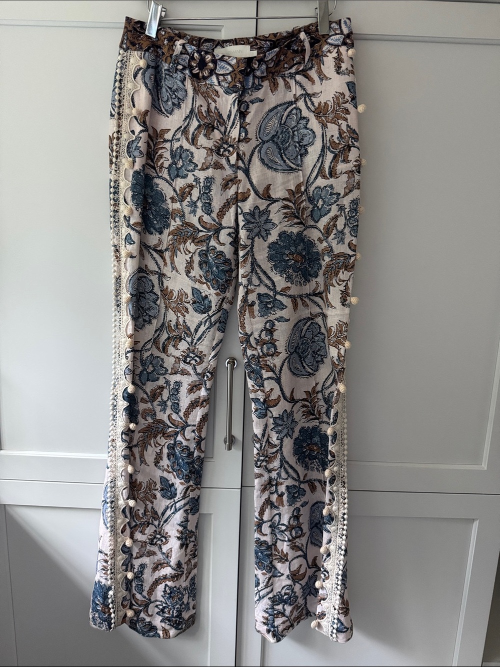 Zimmermann Linen Cornflower Blue Floral Flare Pants